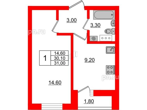 Квартира в ЖК «Дуэт», 1 комнатная, 31.5 м², 6 этаж