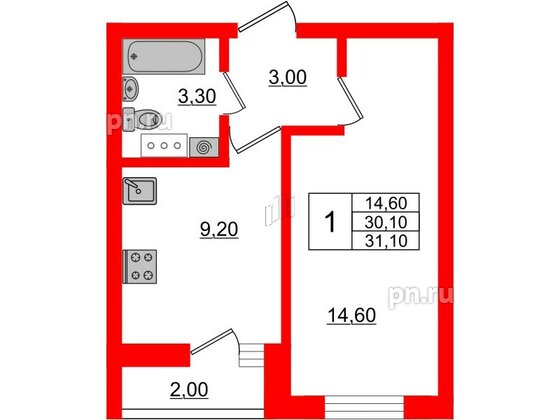 Квартира в ЖК «Дуэт», 1 комнатная, 31.8 м², 6 этаж