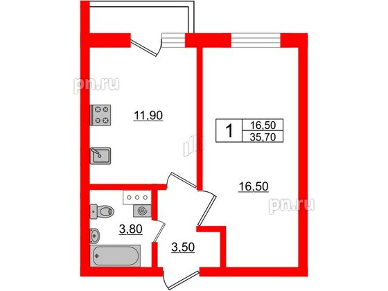 Квартира в ЖК «Дуэт», 1 комнатная, 36.9 м², 2 этаж