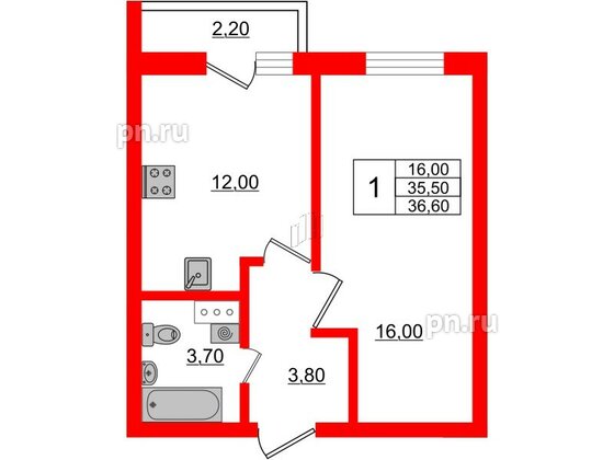 Квартира в ЖК «Дуэт», 1 комнатная, 36.8 м², 3 этаж