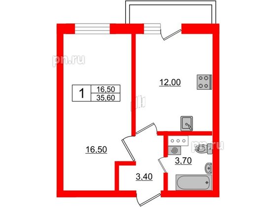 Квартира в ЖК «Дуэт», 1 комнатная, 36.4 м², 2 этаж