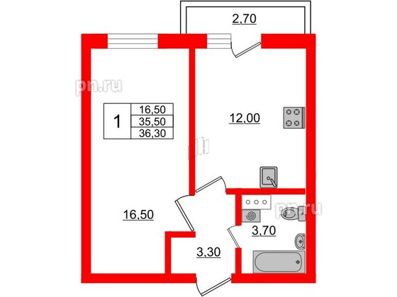 Квартира в ЖК «Дуэт», 1 комнатная, 36.4 м², 6 этаж