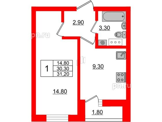 Квартира в ЖК «Дуэт», 1 комнатная, 31.6 м², 8 этаж