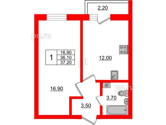 Квартира в ЖК «Дуэт», 1 комнатная, 37.7 м², 1 этаж