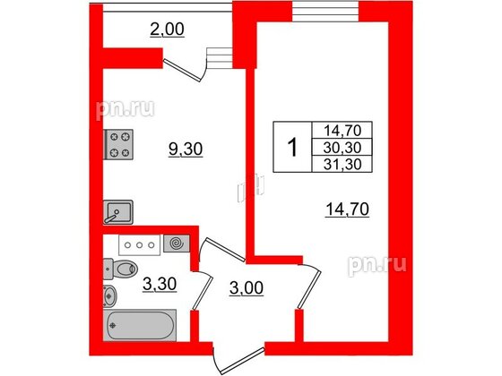 Квартира в ЖК «Дуэт», 1 комнатная, 31.5 м², 6 этаж