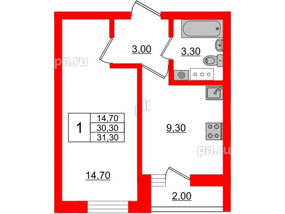 Квартира в ЖК «Дуэт», 1 комнатная, 31.7 м², 6 этаж