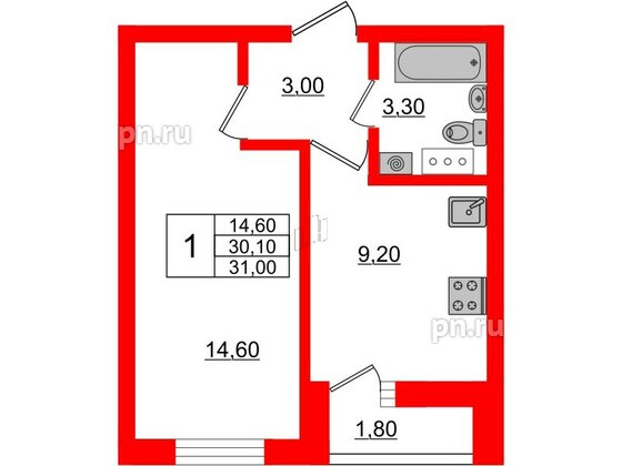 Квартира в ЖК «Дуэт», 1 комнатная, 31.6 м², 7 этаж