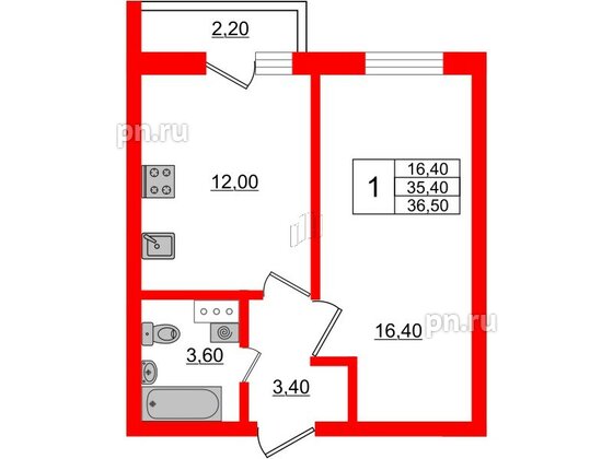 Квартира в ЖК «Дуэт», 1 комнатная, 36.8 м², 3 этаж