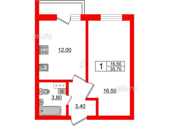 Квартира в ЖК «Дуэт», 1 комнатная, 36.9 м², 4 этаж