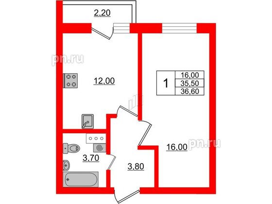 Квартира в ЖК «Дуэт», 1 комнатная, 36.9 м², 7 этаж