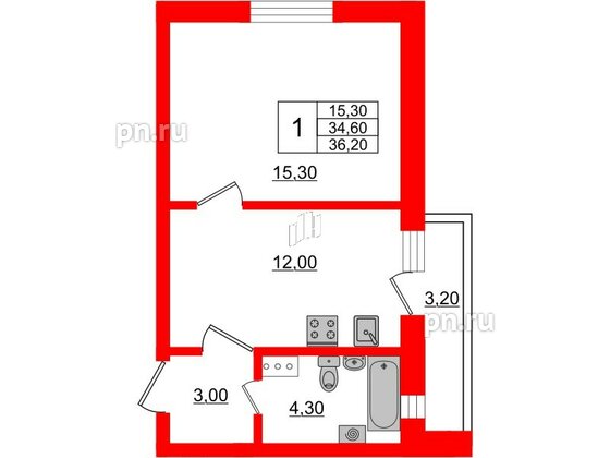 Квартира в ЖК «Дуэт», 1 комнатная, 36.4 м², 3 этаж