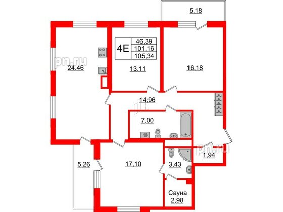 Квартира в ЖК Зеленый квартал на Пулковских высотах, 3 комнатная, 99.6 м², 3 этаж