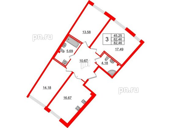 Квартира в ЖК Морская набережная.SeaView 2, 3 комнатная, 82.46 м², 2 этаж