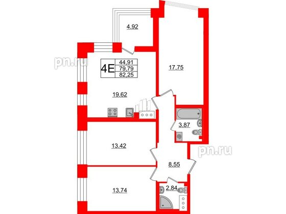 Квартира в ЖК Морская набережная.SeaView 2, 3 комнатная, 82.25 м², 13 этаж