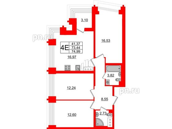 Квартира в ЖК Морская набережная.SeaView 2, 3 комнатная, 74.99 м², 16 этаж