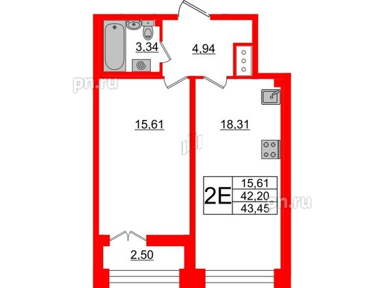 Квартира в ЖК Морская набережная.SeaView 2, 1 комнатная, 43.45 м², 12 этаж