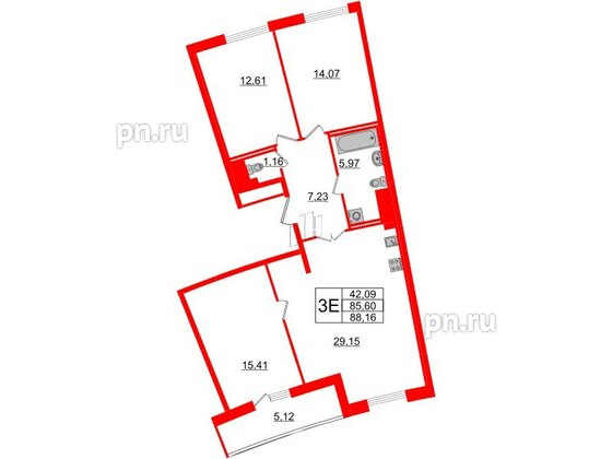 Квартира в ЖК Морская набережная.SeaView 2, 3 комнатная, 88.16 м², 14 этаж