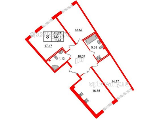 Квартира в ЖК Морская набережная.SeaView 2, 3 комнатная, 82.44 м², 2 этаж