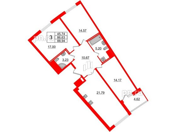 Квартира в ЖК Морская набережная.SeaView 2, 3 комнатная, 88.94 м², 3 этаж