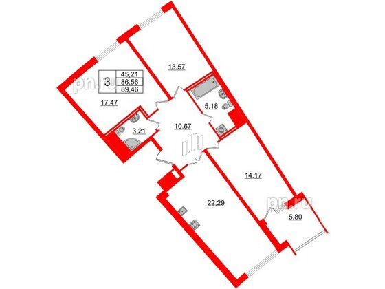 Квартира в ЖК Морская набережная.SeaView 2, 3 комнатная, 89.46 м², 10 этаж