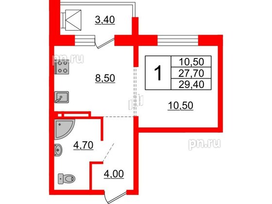 Квартира в ЖК Сибирь, 1 комнатная, 29.4 м², 13 этаж