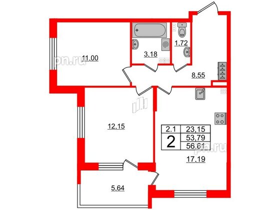 Квартира в ЖК 'Парадный ансамбль', 2 комнатная, 53.79 м², 3 этаж