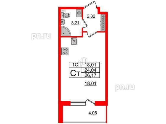 Квартира в ЖК 'Парадный ансамбль', студия, 24.04 м², 2 этаж