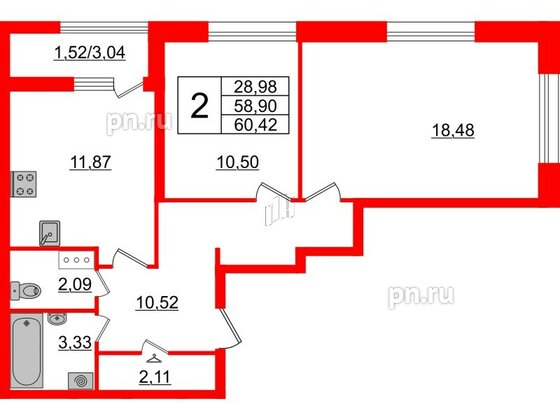 Квартира в ЖК БелАРТ, 2 комнатная, 60.42 м², 10 этаж