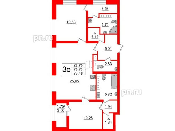 Квартира в ЖК БелАРТ, 2 комнатная, 77.48 м², 20 этаж