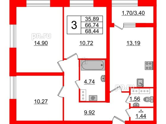 Квартира в ЖК БелАРТ, 3 комнатная, 68.44 м², 16 этаж