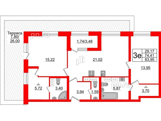 Квартира в ЖК БелАРТ, 2 комнатная, 83.95 м², 19 этаж