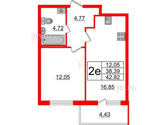 Квартира в ЖК ЯСНО.ЯНИНО, 1 комнатная, 38.39 м², 2 этаж