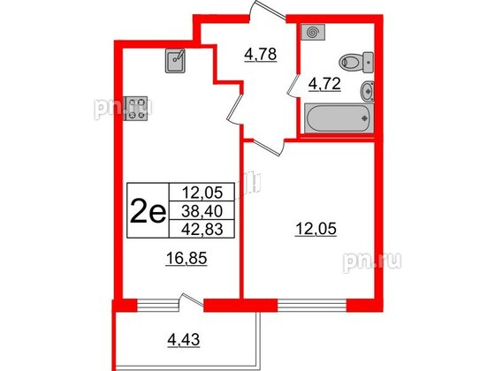 Квартира в ЖК ЯСНО.ЯНИНО, 1 комнатная, 38.4 м², 2 этаж