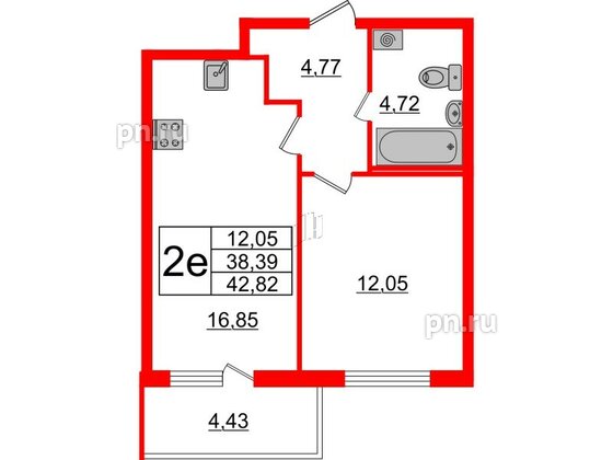 Квартира в ЖК ЯСНО.ЯНИНО, 1 комнатная, 38.39 м², 2 этаж