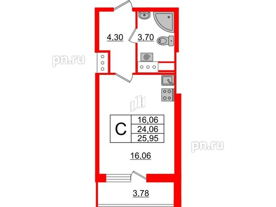 Квартира в ЖК 'OKLA', студия, 25.8 м², 20 этаж