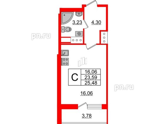 Квартира в ЖК 'OKLA', студия, 25.48 м², 20 этаж