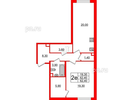 Квартира в ЖК 'OKLA', 1 комнатная, 62.4 м², 1 этаж