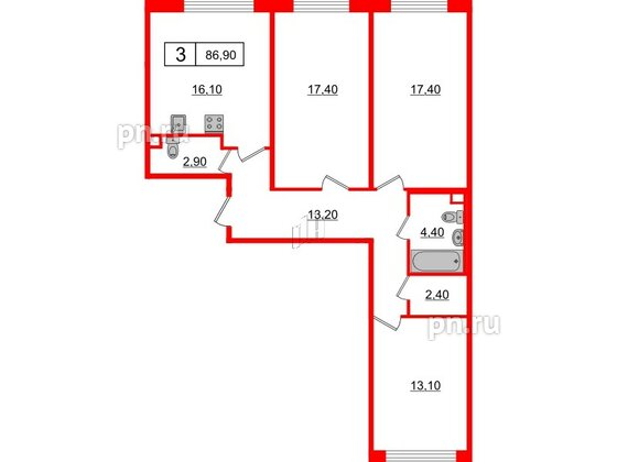 Квартира в ЖК 'OKLA', 3 комнатная, 86.9 м², 1 этаж