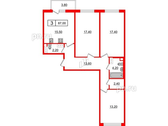 Квартира в ЖК 'OKLA', 3 комнатная, 87 м², 6 этаж