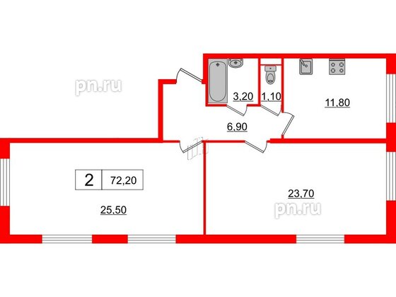 Квартира в ЖК 'OKLA', 2 комнатная, 72.61 м², 1 этаж