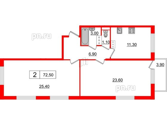 Квартира в ЖК 'OKLA', 2 комнатная, 72.88 м², 2 этаж