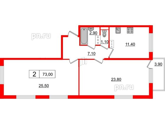 Квартира в ЖК 'OKLA', 2 комнатная, 72.88 м², 5 этаж