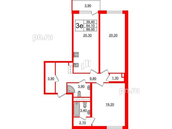 Квартира в ЖК 'OKLA', 2 комнатная, 85.42 м², 3 этаж