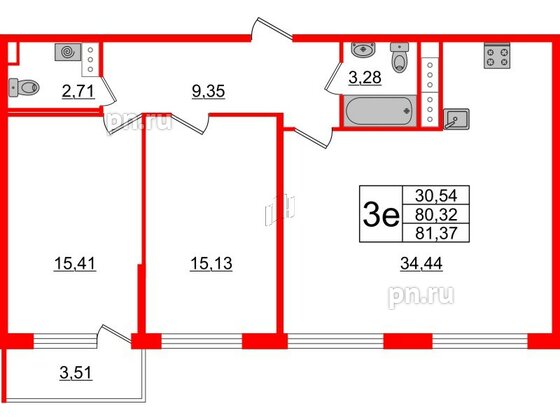 Квартира в ЖК 'OKLA', 2 комнатная, 81.37 м², 4 этаж