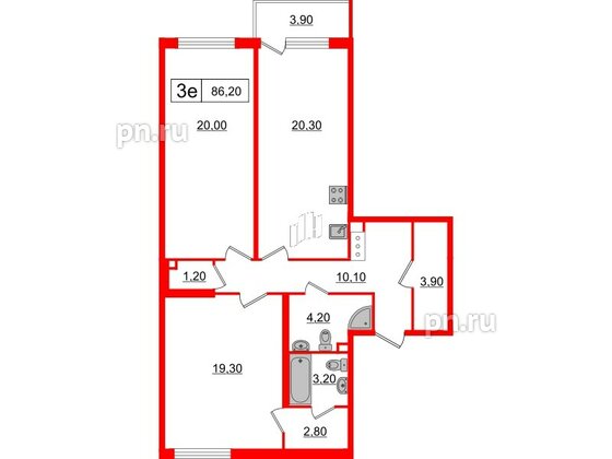 Квартира в ЖК 'OKLA', 2 комнатная, 86.14 м², 2 этаж