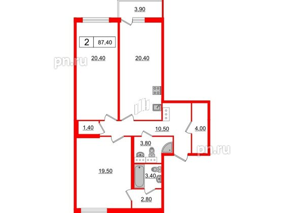 Квартира в ЖК 'OKLA', 2 комнатная, 85.38 м², 6 этаж