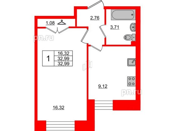 Квартира в ЖК Стороны Света, 1 комнатная, 32.1 м², 1 этаж