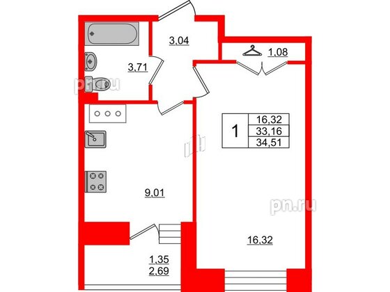 Квартира в ЖК Стороны Света, 1 комнатная, 34.51 м², 3 этаж