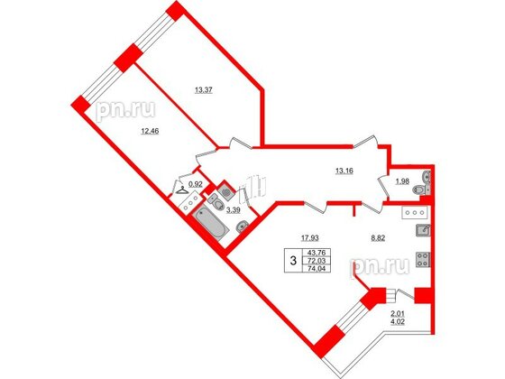 Квартира в ЖК Стороны Света, 3 комнатная, 74.04 м², 17 этаж