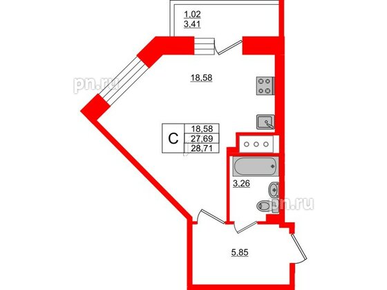 Квартира в ЖК Стороны Света, студия, 28.2 м², 3 этаж